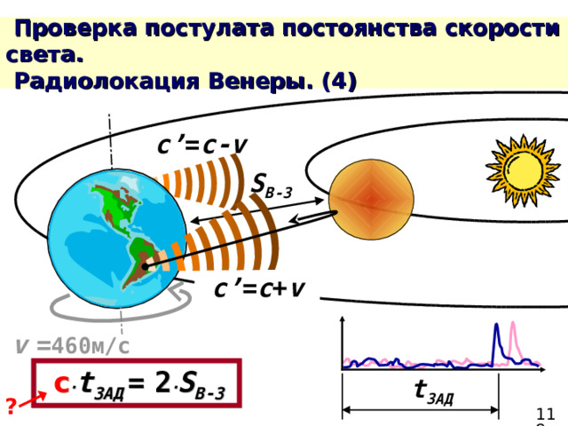 c’ = c-v S В-З c’ = c + v v  = 460м/с  c ∙ t ЗАД  =  2 ∙ S В-З  t ЗАД ? 