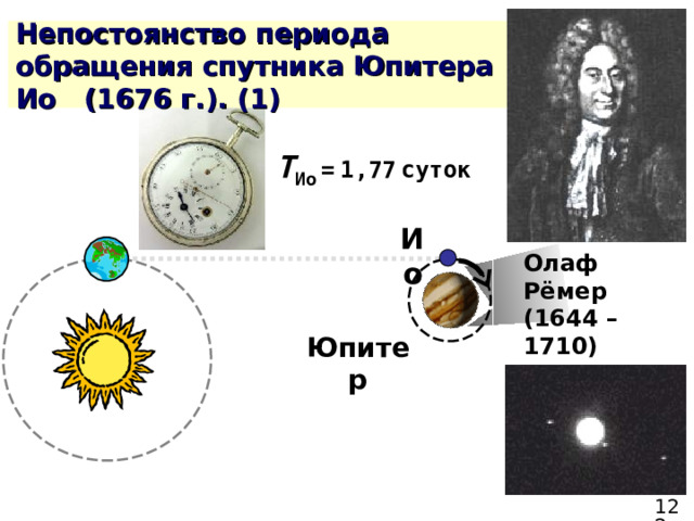 T Ио  =  1 , 77  суток Ио Олаф Рёмер (1644 – 1710) Юпитер 