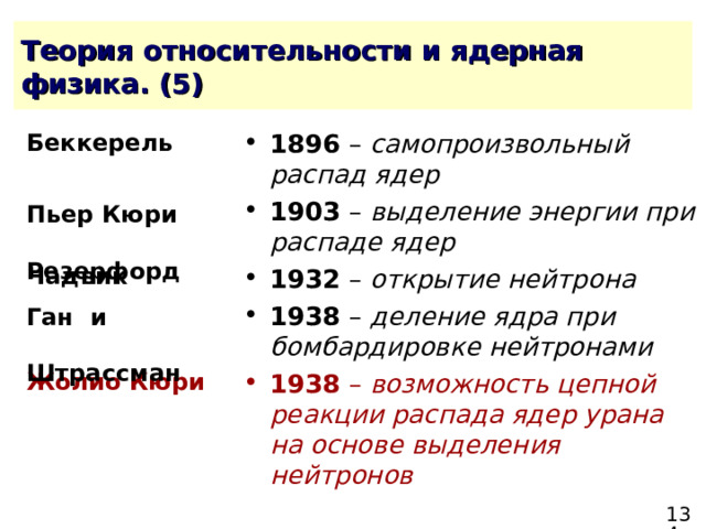 1896 – самопроизвольный распад ядер 1903 – выделение энергии при распаде ядер 1932 – открытие нейтрона 1938 – деление ядра при бомбардировке нейтронами  1938 – возможность цепной реакции распада ядер урана на основе выделения нейтронов   Беккерель Пьер Кюри  Резерфорд Чадвик Ган и  Штрассман  Жолио Кюри  