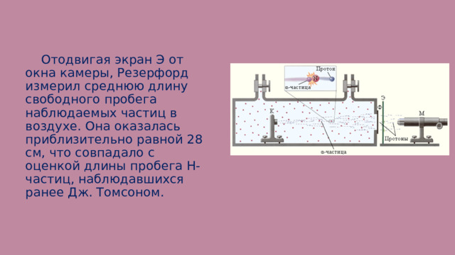  Отодвигая экран Э от окна камеры, Резерфорд измерил среднюю длину свободного пробега наблюдаемых частиц в воздухе. Она оказалась приблизительно равной 28 см, что совпадало с оценкой длины пробега H-частиц, наблюдавшихся ранее Дж. Томсоном. 