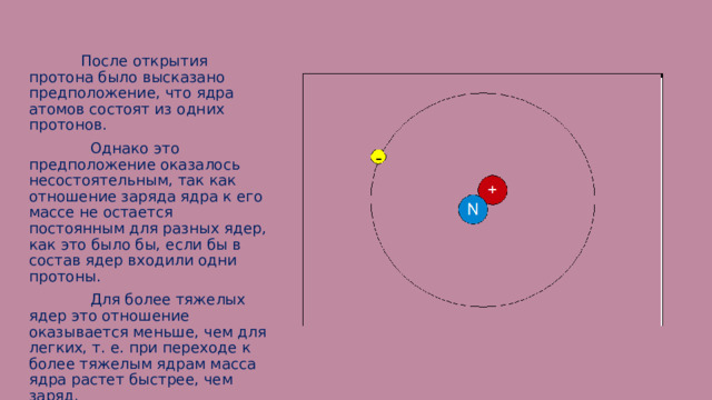  После открытия протона было высказано предположение, что ядра атомов состоят из одних протонов.  Однако это предположение оказалось несостоятельным, так как отношение заряда ядра к его массе не остается постоянным для разных ядер, как это было бы, если бы в состав ядер входили одни протоны.  Для более тяжелых ядер это отношение оказывается меньше, чем для легких, т. е. при переходе к более тяжелым ядрам масса ядра растет быстрее, чем заряд. 