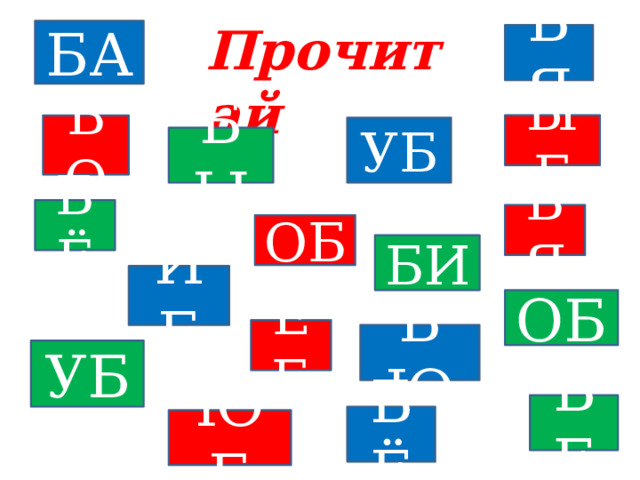 Прочитай БА БЯ ЫБ БО УБ БЫ БЁ БЯ ОБ БИ ИБ ОБ ЕБ БЮ УБ БЕ БЁ ЮБ 