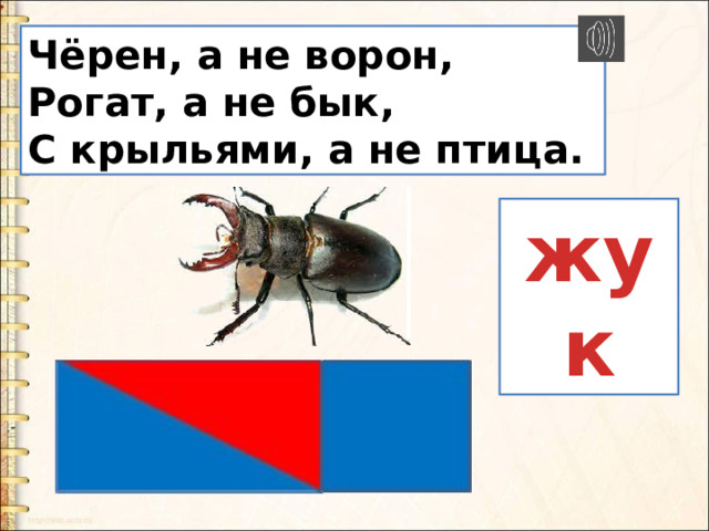 Чёрен, а не ворон,  Рогат, а не бык,  С крыльями, а не птица. жук 