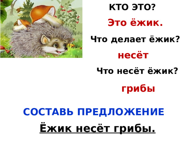 КТО ЭТО? Это ёжик. Что делает ёжик? несёт Что несёт ёжик? грибы СОСТАВЬ ПРЕДЛОЖЕНИЕ Ёжик несёт грибы. 