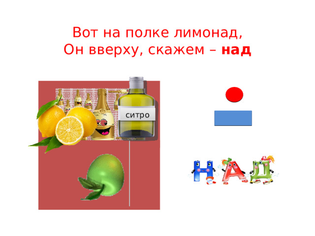 Вот на полке лимонад,  Он вверху, скажем – над ситро 