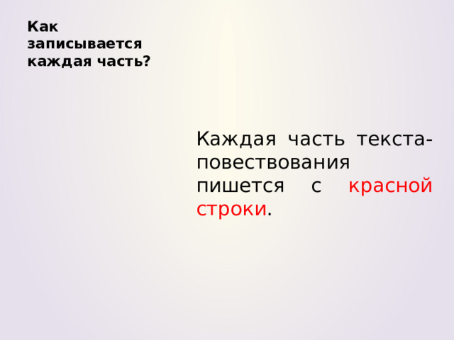 Как записывается каждая часть? Каждая часть текста-повествования пишется с красной строки . 