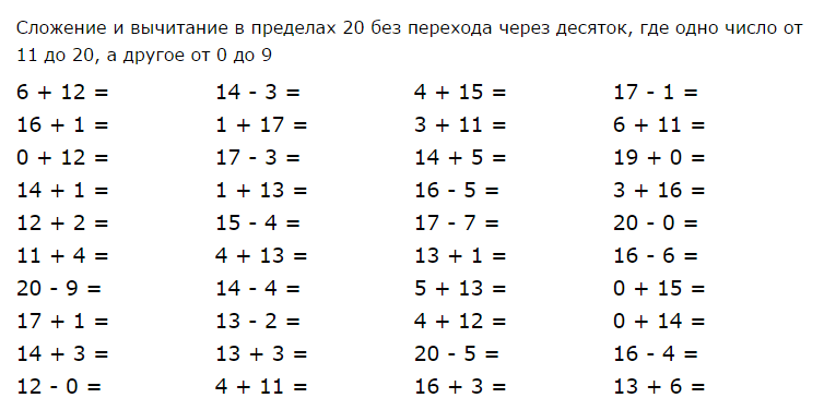 Примеры по математике на сложение и вычитание. Задания на сложение и вычитание в пределах 20. Математика 1 класс счет в пределах 20. Тренажер математике 1 класс счет в пределах 20. Тренировочные задания по математике счет в пределах 20.