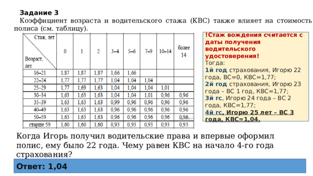 Задание 3    Коэффициент возраста и водительского стажа (КВС) также влияет на стоимость полиса (см. таблицу). !Стаж вождения считается с даты получения водительского удостоверения! Тогда: 1й год страхования, Игорю 22 года, ВС=0, КВС=1,77; 2й год страхования, Игорю 23 года – ВС 1 год, КВС=1,77; 3й гс , Игорю 24 года – ВС 2 года, КВС=1,77; 4й гс , Игорю 25 лет – ВС 3 года, КВС=1,04. Когда Игорь получил водительские права и впервые оформил полис, ему было 22 года. Чему равен КВС на начало 4-го года страхования? Ответ: 1,04 