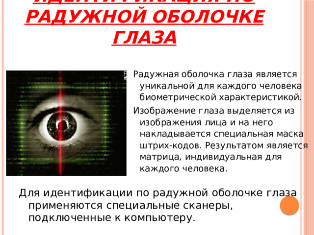 Идентификация по радужной оболочке глаза Радужная оболочка глаза является уникальной для каждого человека биометрической характеристикой. Изображение глаза выделяется из изображения лица и на него накладывается специальная маска штрих-кодов. Результатом является матрица, индивидуальная для каждого человека. Для идентификации по радужной оболочке глаза применяются специальные сканеры, подключенные к компьютеру. 