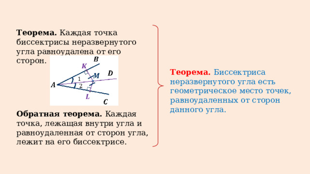 Теорема. Каждая точка биссектрисы неразвернутого угла равноудалена от его сторон. Теорема.  Биссектриса неразвернутого угла есть геометрическое место точек, равноудаленных от сторон данного угла. Обратная теорема. Каждая точка, лежащая внутри угла и равноудаленная от сторон угла, лежит на его биссектрисе. 