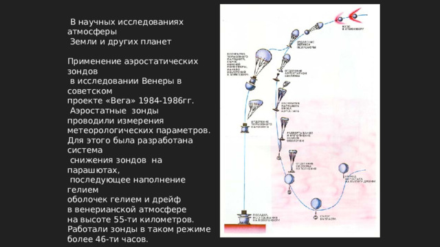  В научных исследованиях атмосферы  Земли и других планет Применение аэростатических зондов  в исследовании Венеры в советском проекте «Вега» 1984-1986гг.  Аэростатные зонды проводили измерения метеорологических параметров. Для этого была разработана система  снижения зондов  на парашютах,  последующее наполнение гелием оболочек гелием и дрейф в венерианской атмосфере на высоте 55-ти километров. Работали зонды в таком режиме более 46-ти часов. 