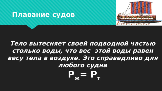 Плавание судов Тело вытесняет своей подводной частью столько воды, что вес этой воды равен весу тела в воздухе. Это справедливо для любого судна  Р ж = Р т 