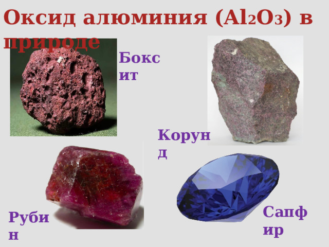 Оксид алюминия (Al 2 O 3 ) в природе Боксит Корунд Сапфир Рубин 