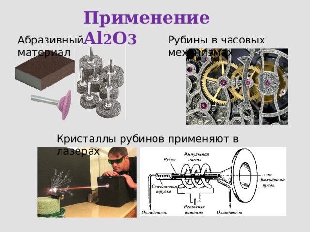 Применение Al 2 O 3 Абразивный материал Рубины в часовых механизмах Кристаллы рубинов применяют в лазерах 