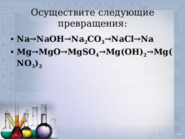 Осуществите следующие превращения: Na→NaOH→Na 2 CO 3 →NaCl→Na Mg→MgO→MgSO 4 →Mg(OH) 2 →Mg(NO 3 ) 2 