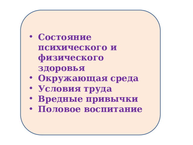 Состояние психического и физического здоровья Окружающая среда Условия труда Вредные привычки Половое воспитание 