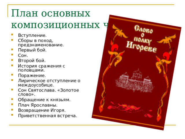 План основных композиционных частей. Вступление. Сборы в поход, предзнаменование. Первый бой. Сон. Второй бой. История сражения с половцами. Поражение. Лирическое отступление о междоусобице. Сон Святослава. «Золотое слово». Обращение к князьям. Плач Ярославны. Возвращение Игоря. Приветственная встреча. 