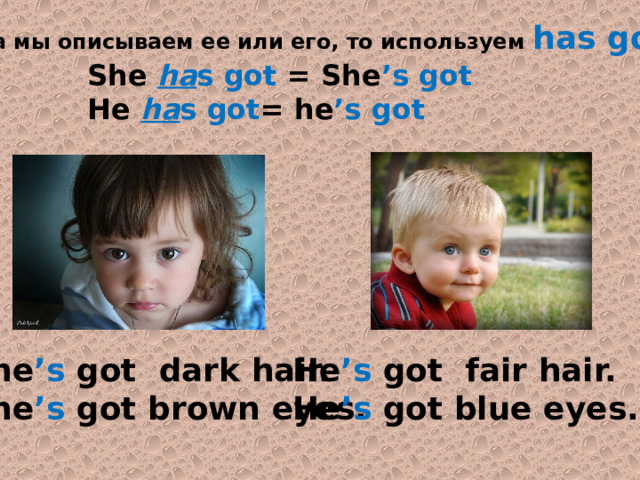 Когда мы описываем ее или его, то используем has got She ha s  got = She ’s  got He ha s  got = he ’s  got She ’s got dark hair. He ’s got fair hair. She ’s got brown eyes. He ’s got blue eyes. 