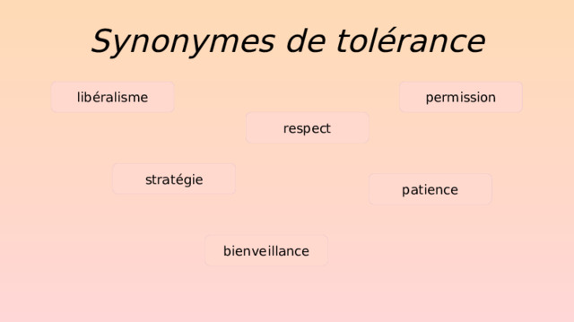Synonymes de tolérance libéralisme permission respect stratégie patience bienveillance 