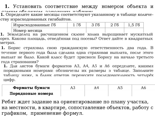  1. Установить соответствие  между номером объекта и самим объектом, заполнить таблицу. Ребят ждет задание на ориентирование по плану участка, на местности, в квартире, сопоставление объектов, работу с графиком, применение формул. 