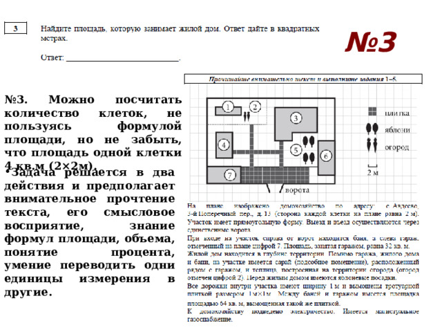 № 3 № 3 . Можно посчитать количество клеток, не пользуясь формулой площади, но не забыть, что площадь одной клетки 4 кв.м (2×2м).   Задача решается в два действия и предполагает внимательное прочтение текста, его смысловое восприятие, знание формул площади, объема, понятие процента, умение переводить одни единицы измерения в другие. 