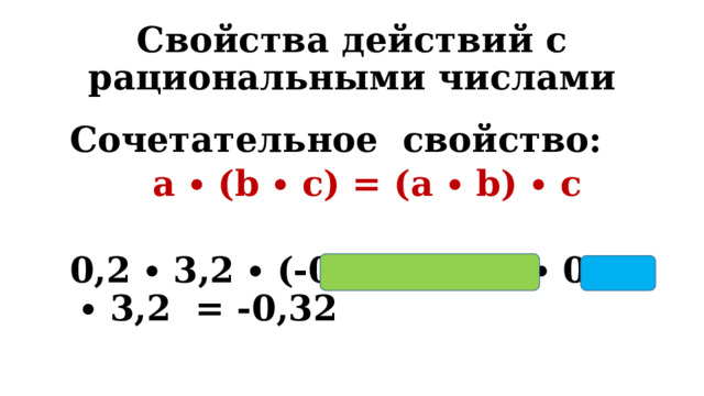 Свойства действий с рациональными числами Сочетательное свойство: a ∙ (b ∙ c) = (a ∙ b) ∙ c 0,2 ∙ 3,2 ∙ (-0,5) =(-0,5 ∙ 0,2) ∙ 3,2 = -0,32 