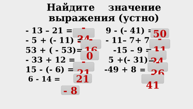 Найдите значение выражения (устно)  - 13 – 21 = 9 - (- 41) = - 5 + (- 11) = - 11– 7+ 7= 53 + ( - 53)= -15 – 9 = - 33 + 12 = 5 +(- 31)= 15 - (- 6) = -49 + 8 =  6 - 14 = - 34 50 - 11 - 16 -24 0 - 21 - 26 21 - 41 - 8 