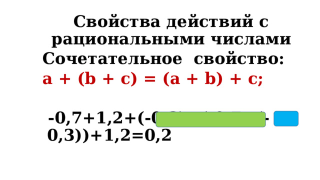  Свойства действий с рациональными числами Сочетательное свойство: a + (b + c) = (a + b) + c;   -0,7+1,2+(-0,3)=(-0,7+(-0,3))+1,2=0,2 