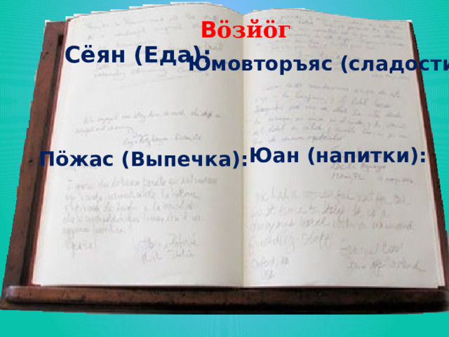 В öзйöг С ёян (Еда): Юмовторъяс (сладости): Юан (напитки): П öжас (Выпечка): 