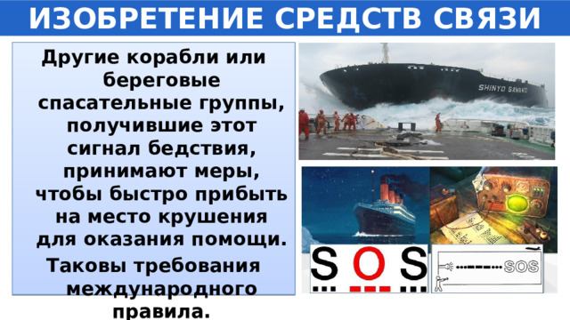 ИЗОБРЕТЕНИЕ СРЕДСТВ СВЯЗИ Другие корабли или береговые спасательные группы, получившие этот сигнал бедствия, принимают меры, чтобы быстро прибыть на место крушения для оказания помощи. Таковы требования международного правила.  
