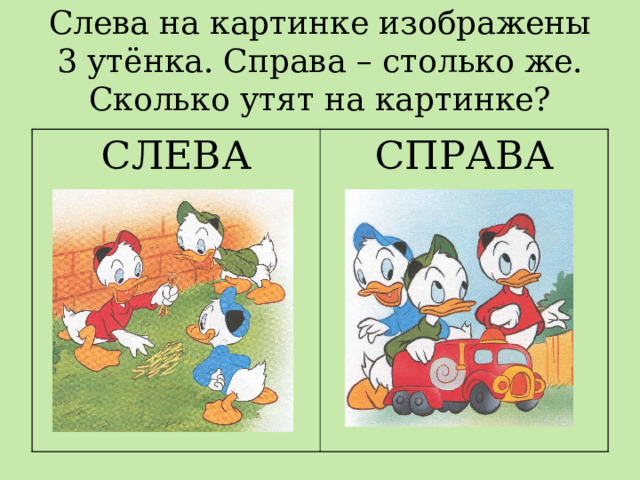 Слева на картинке изображены 3 утёнка. Справа – столько же. Сколько утят на картинке? СЛЕВА СПРАВА 