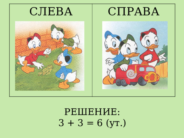 СЛЕВА СПРАВА РЕШЕНИЕ:  3 + 3 = 6 (ут.) 