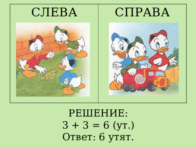 СЛЕВА СПРАВА РЕШЕНИЕ:  3 + 3 = 6 (ут.)  Ответ: 6 утят. 