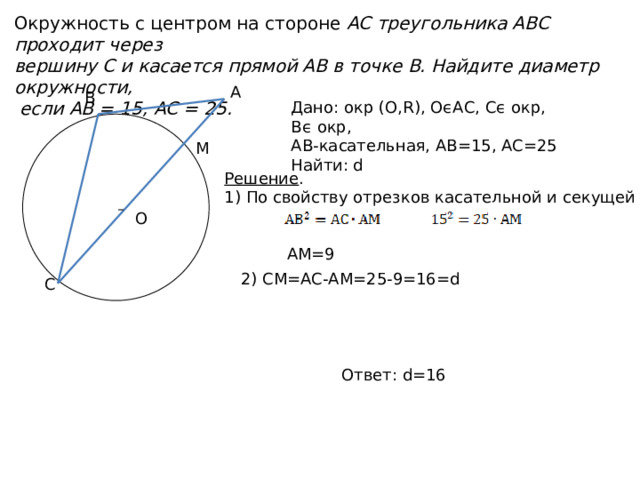 Окружность с центром на стороне AC треугольника ABC проходит через вершину C и касается прямой AB в точке B. Найдите диаметр окружности,  если AB = 15, AC = 25. А В Дано: окр (О,R), ОϵАС, Сϵ окр, Вϵ окр, АВ-касательная, АВ=15, АС=25 Найти: d М Решение . 1) По свойству отрезков касательной и секущей О АМ=9 2) СМ=АС-АМ=25-9=16=d С Ответ: d=16 