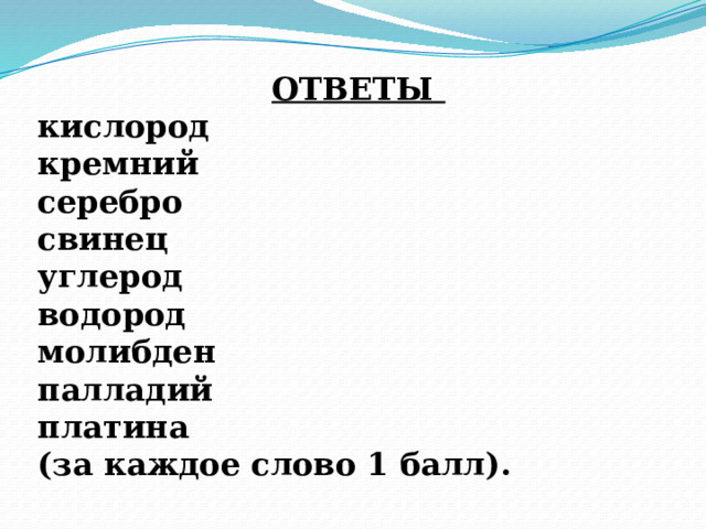 ОТВЕТЫ кислород кремний серебро свинец углерод водород молибден палладий платина (за каждое слово 1 балл).   