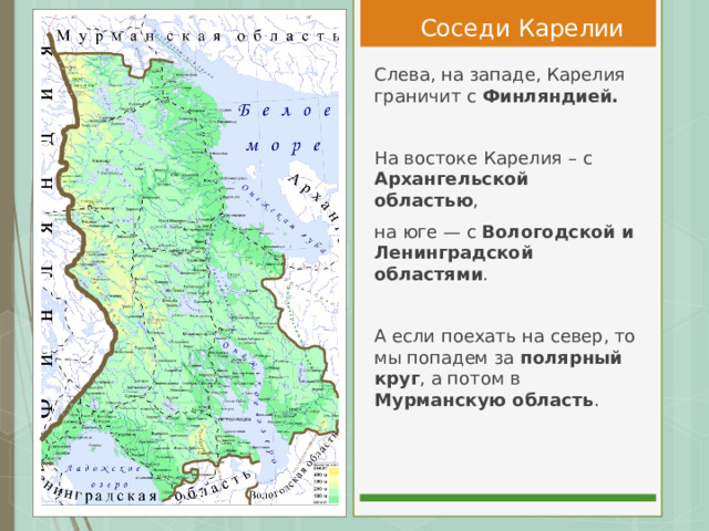 Соседи Карелии Слева, на западе, Карелия граничит с Финляндией. На востоке Карелия – с Архангельской областью , на юге — с Вологодской и Ленинградской областями . А если поехать на север, то мы попадем за полярный круг , а потом в Мурманскую область .  