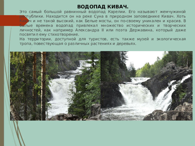 ВОДОПАД КИВАЧ. Это самый большой равнинный водопад Карелии. Его называют жемчужиной республики. Находится он на реке Суна в природном заповеднике Кивач. Хоть Кивач и не такой высокий, как Белые мосты, он по-своему уникален и красив. В былые времена водопад привлекал множество исторических и творческих личностей, как например Александра II или поэта Державина, который даже посвятил ему стихотворение. На территории, доступной для туристов, есть также музей и экологическая тропа, повествующая о различных растениях и деревьях. 