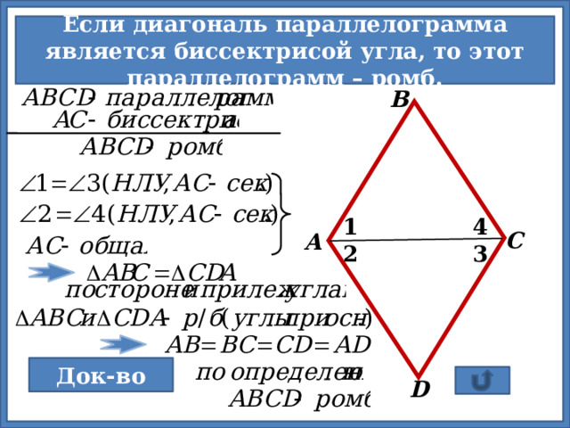  Если диагональ параллелограмма является биссектрисой угла, то этот параллелограмм – ромб.  В 4 1 С А 2 3 Док-во D 