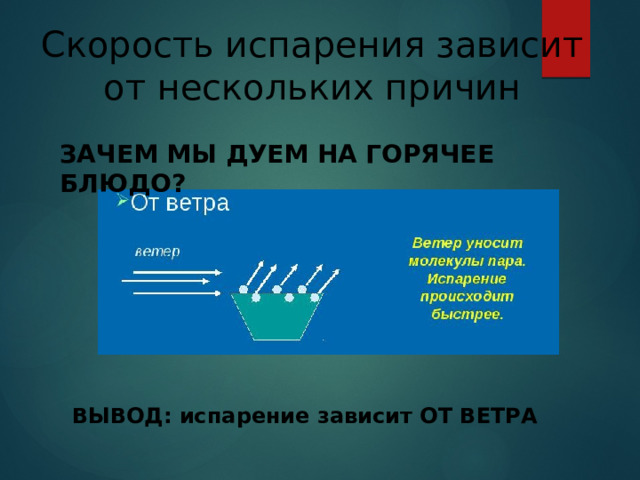 Скорость испарения зависит от нескольких причин ЗАЧЕМ МЫ ДУЕМ НА ГОРЯЧЕЕ БЛЮДО? ВЫВОД: испарение зависит ОТ ВЕТРА 