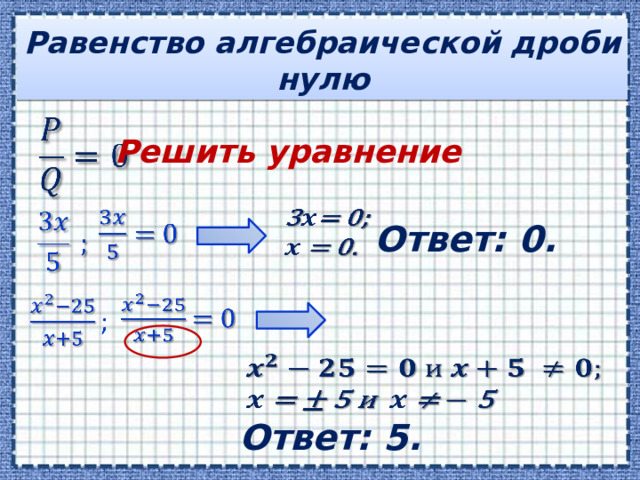 Равенство алгебраической дроби нулю   Решить уравнение       Ответ: 0.       Ответ: 5. 