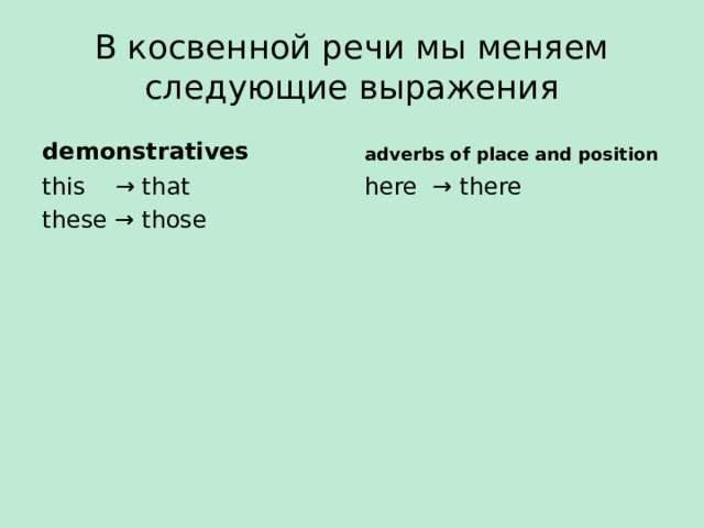 В косвенной речи мы меняем следующие выражения demonstratives adverbs of place and position this → that here → there these → those 