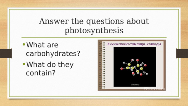 Answer the questions about photosynthesis What are carbohydrates? What do they contain? 