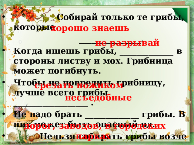  Собирай только те грибы, которые  _______________. Когда ищешь грибы, _____________ в стороны листву и мох. Грибница может погибнуть. Чтобы не повредить грибницу, лучше всего грибы __________________ . Не надо брать _____________ грибы. В них может быть опасный яд.  Нельзя собирать грибы возле ___________________________________.  хорошо знаешь не разрывай срезать ножиком несъедобные дорог, заводов, в городских парках 