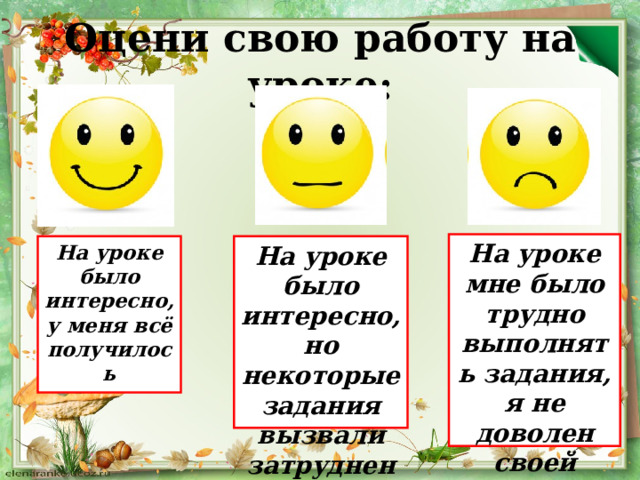 Оцени свою работу на уроке: На уроке мне было трудно выполнять задания, я не доволен своей работой на уроке На уроке было интересно, но некоторые задания вызвали затруднения На уроке было интересно, у меня всё получилось 