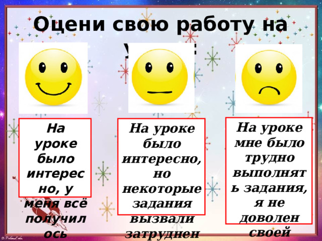 Оцени свою работу на уроке: На уроке мне было трудно выполнять задания, я не доволен своей работой на уроке На уроке было интересно, но некоторые задания вызвали затруднения На уроке было интересно, у меня всё получилось 