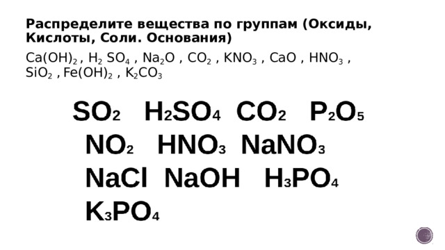 Распределите вещества по группам (Оксиды, Кислоты, Соли. Основания)   Ca(OH) 2  , H 2  SO 4  , Na 2 O , CO 2  , KNO 3  , CaO , HNO 3  , SiO 2  ,   Fe(OH) 2  , K 2 CO 3 