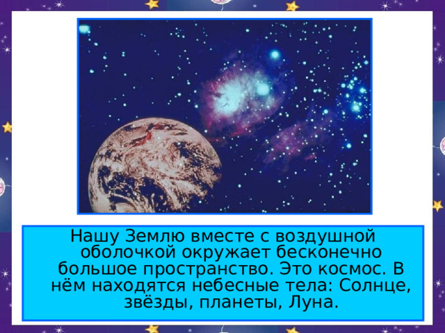 Нашу Землю вместе с воздушной оболочкой окружает бесконечно большое пространство. Это космос. В нём находятся небесные тела: Солнце, звёзды, планеты, Луна. 