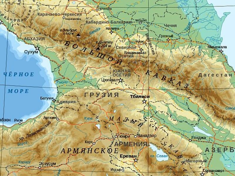 Эльбрус находится в европе или азии. Физическая карта Северного Кавказа. Кавказские горы Эльбрус на карте. Гора Эльбрус на карте Кавказа.