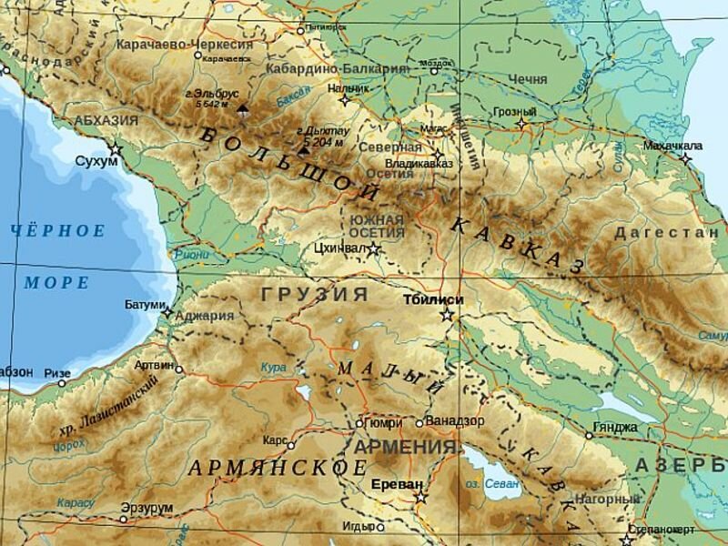 Кавказ на карте евразии. Физическая карта Северного Кавказа. Кавказские горы Эльбрус на карте. Гора Эльбрус на карте Кавказа.
