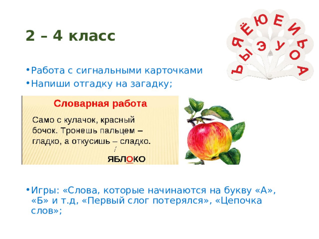 2 – 4 класс Работа с сигнальными карточками Напиши отгадку на загадку; Игры: «Слова, которые начинаются на букву «А», «Б» и т.д, «Первый слог потерялся», «Цепочка слов»; 